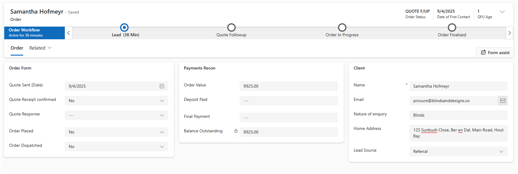 Blinds and Designs CRM Mock Layout - Visualize IT
