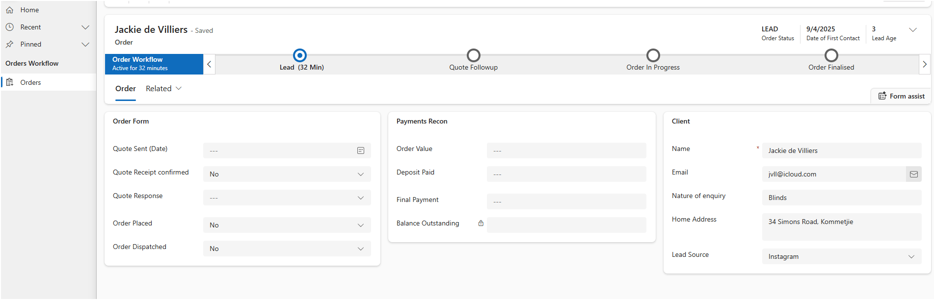Blinds and Designs CRM Mock Layout - Visualize IT